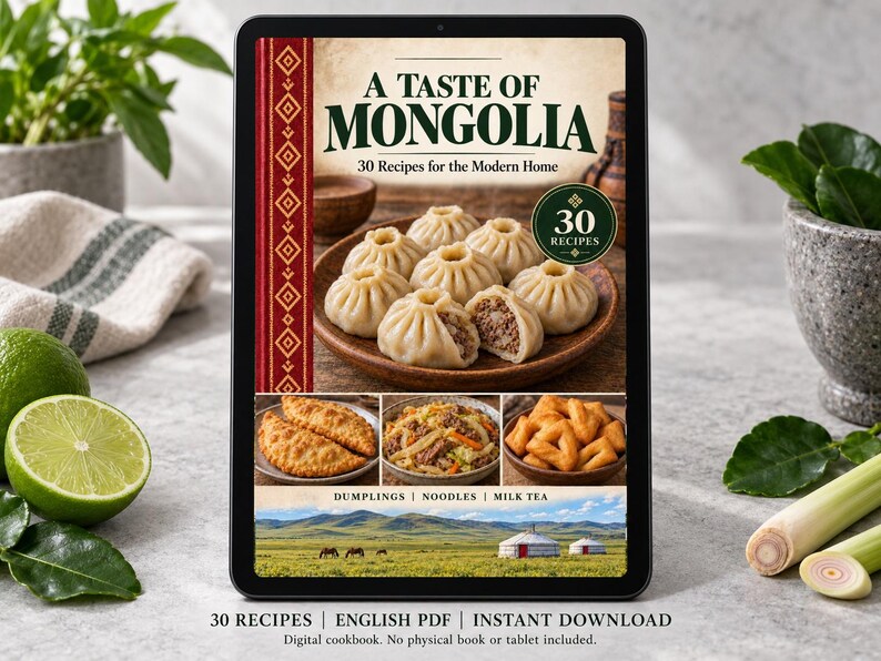 Digital cookbook mockup displaying the actual A Taste of Mongolia cover. English PDF download only; no tablet or physical book included.