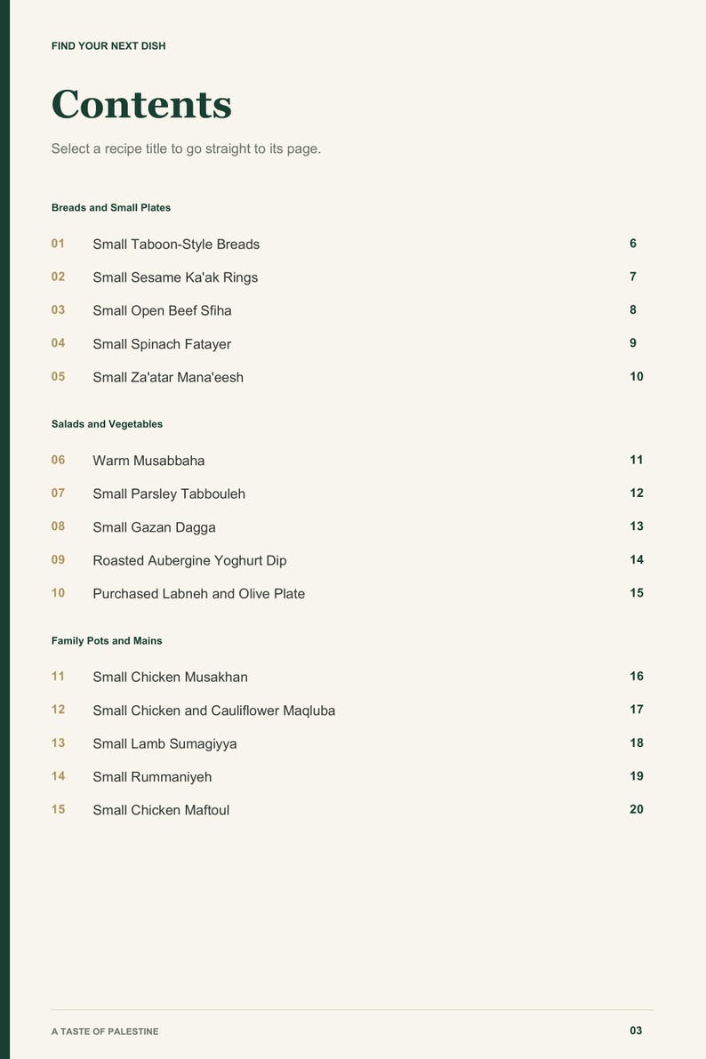 Actual PDF page 3 from A Taste of Palestine: Contents, page 1.