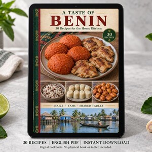 Digital cookbook mockup displaying the actual A Taste of Benin cover. English PDF download only; no tablet or physical book included.