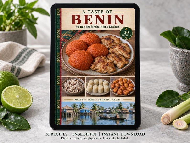 Digital cookbook mockup displaying the actual A Taste of Benin cover. English PDF download only; no tablet or physical book included.