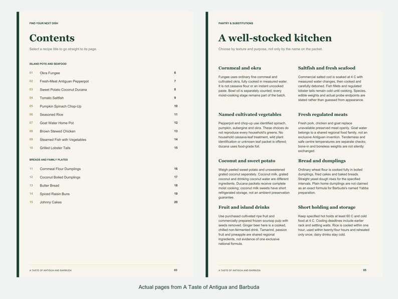Actual contents and kitchen-notes pages from A Taste of Antigua and Barbuda.