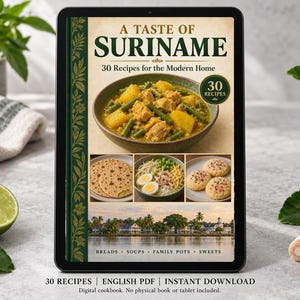Digital cookbook mockup displaying the actual A Taste of Suriname cover. English PDF download only; no tablet or physical book included.