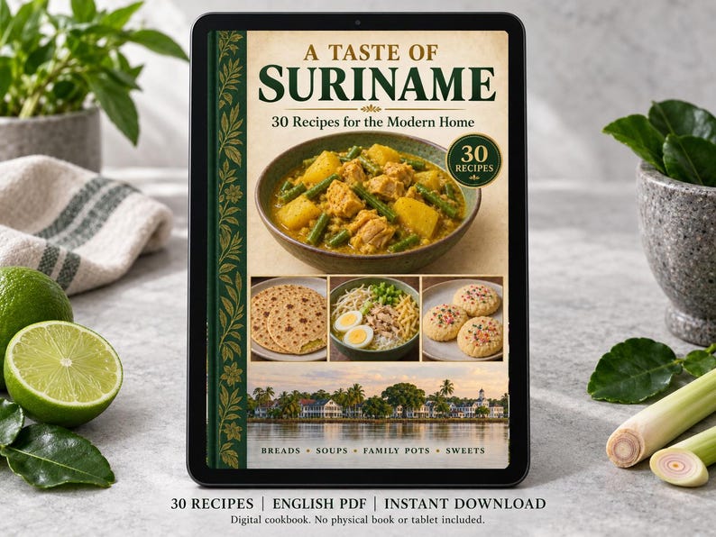 Digital cookbook mockup displaying the actual A Taste of Suriname cover. English PDF download only; no tablet or physical book included.