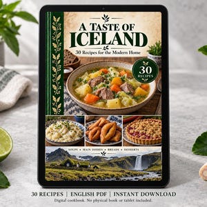 Digital cookbook mockup displaying the actual A Taste of Iceland cover. English PDF download only; no tablet or physical book included.