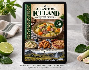 May include: A digital cookbook titled A Taste of Iceland featuring 30 recipes for the modern home. The cover displays a bowl of vegetable stew, smaller images of food, and an Icelandic landscape. Text includes Soups, Main Dishes, Breads, Desserts.