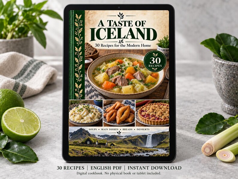 Digital cookbook mockup displaying the actual A Taste of Iceland cover. English PDF download only; no tablet or physical book included.