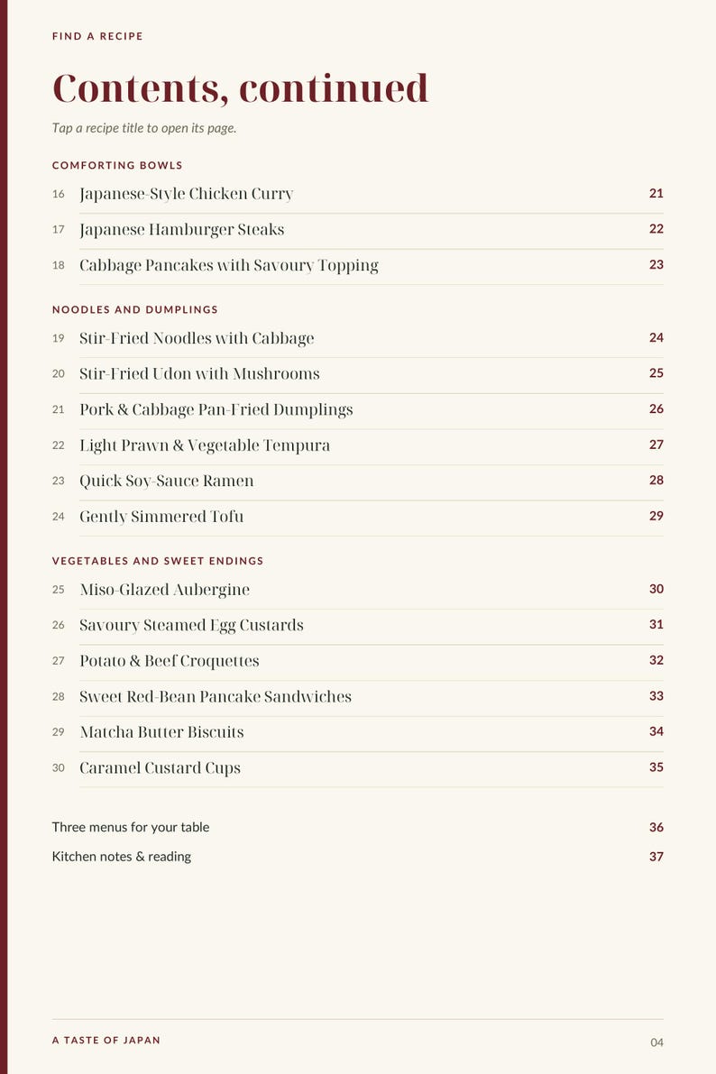 Actual PDF page 4 from A Taste of Japan: Contents, page 2.