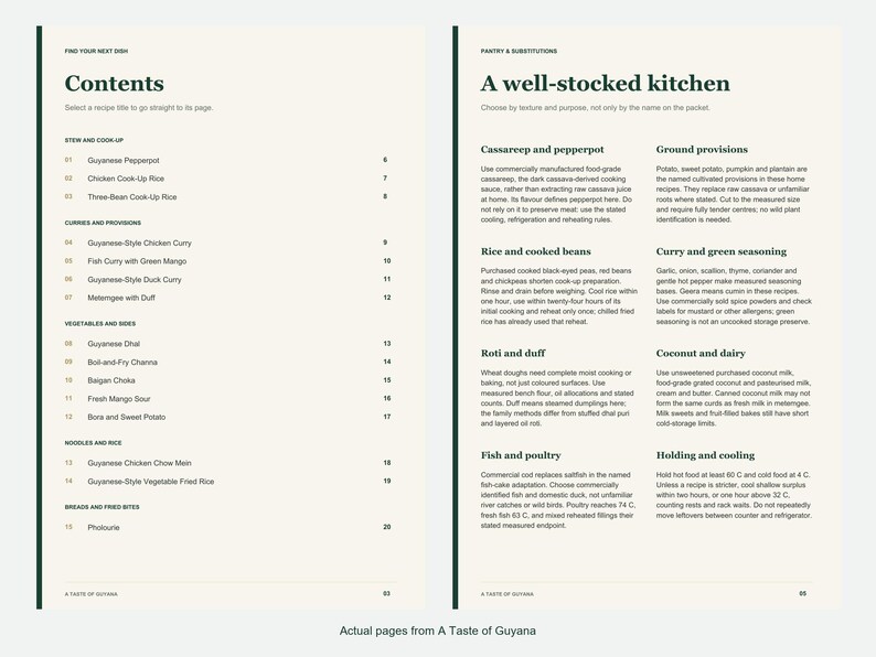 Actual contents and kitchen-notes pages from A Taste of Guyana.