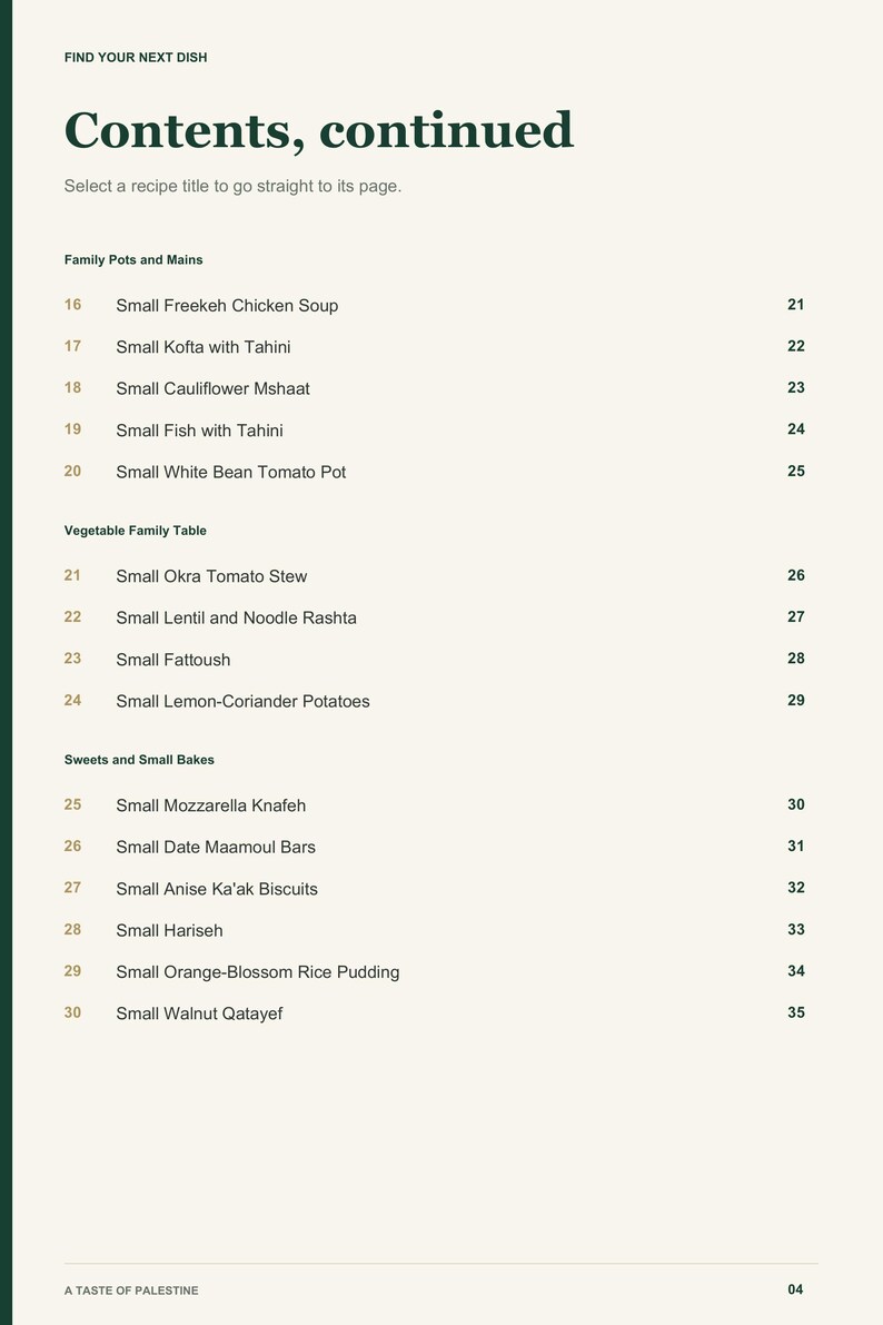 Actual PDF page 4 from A Taste of Palestine: Contents, page 2.