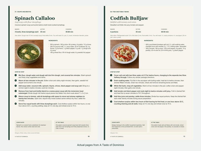 Two actual recipe pages from A Taste of Dominica.