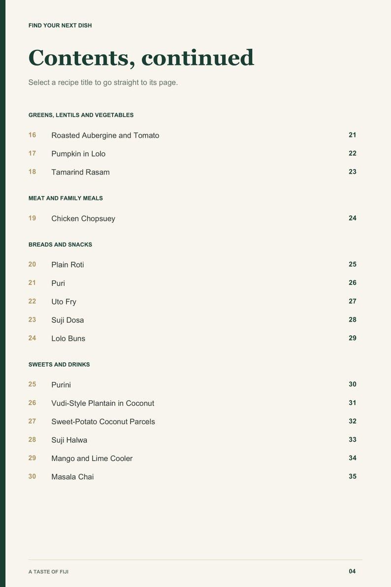 Actual PDF page 4 from A Taste of Fiji: Contents, page 2.