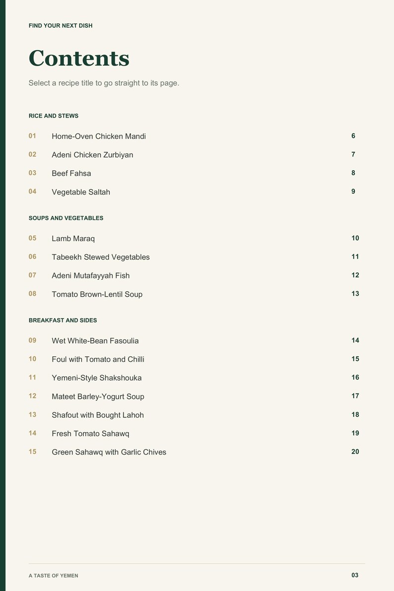 Actual PDF page 3 from A Taste of Yemen: Contents, page 1.