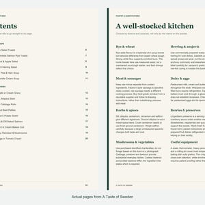 Actual contents and kitchen-notes pages from A Taste of Sweden.