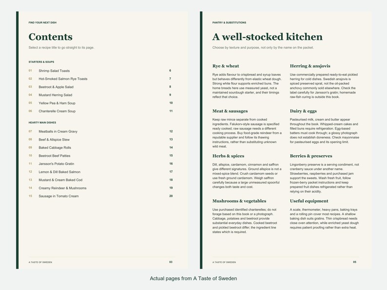 Actual contents and kitchen-notes pages from A Taste of Sweden.
