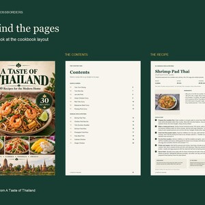 Actual pages from A Taste of Thailand: the cover, contents and a sample recipe page.