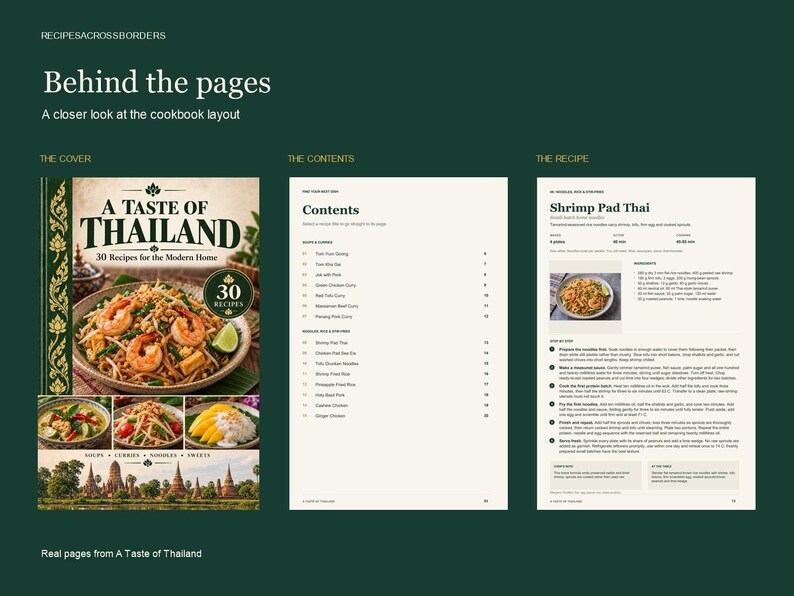 Actual pages from A Taste of Thailand: the cover, contents and a sample recipe page.