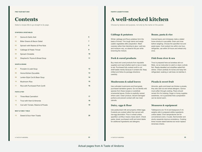 Actual contents and kitchen-notes pages from A Taste of Andorra.