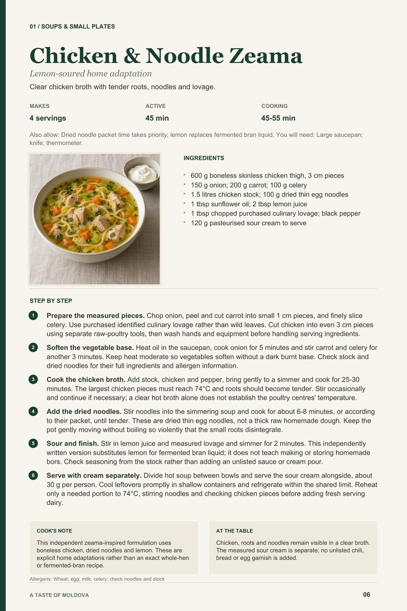 Actual PDF page 6 from A Taste of Moldova: Chicken & Noodle Zeama recipe page.