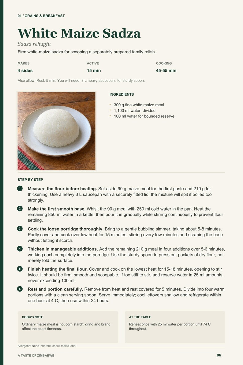 Actual PDF page 6 from A Taste of Zimbabwe: White Maize Sadza recipe page.