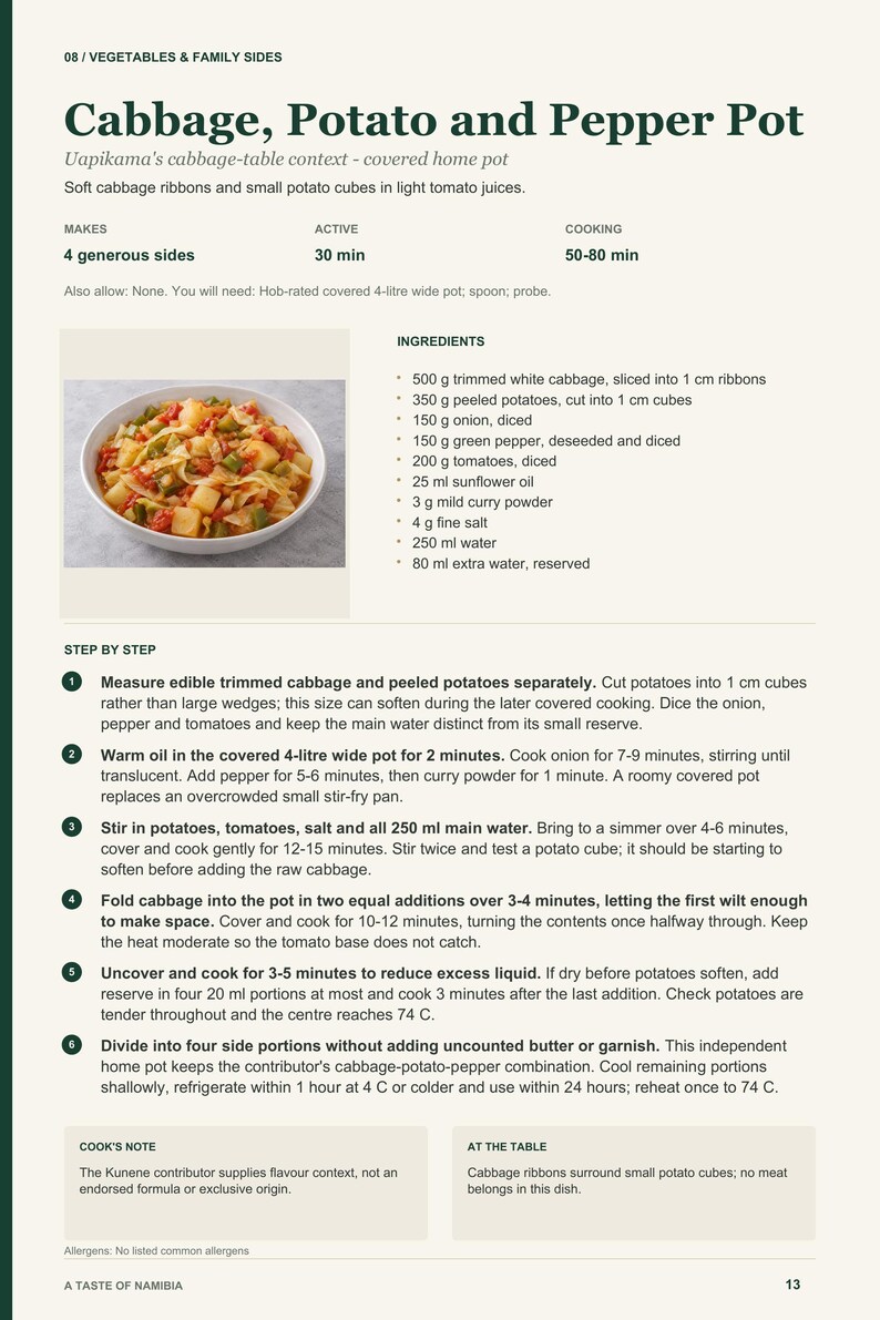 Actual PDF page 13 from A Taste of Namibia: Cabbage, Potato and Pepper Pot recipe page.