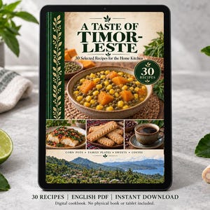 Digital cookbook mockup displaying the actual A Taste of Timor-Leste cover. English PDF download only; no tablet or physical book included.