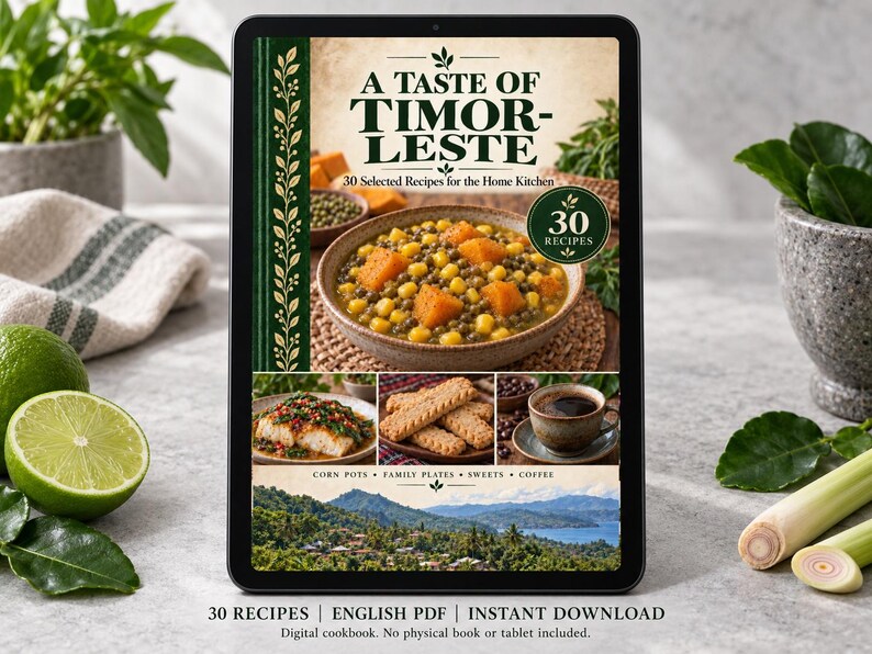 Digital cookbook mockup displaying the actual A Taste of Timor-Leste cover. English PDF download only; no tablet or physical book included.