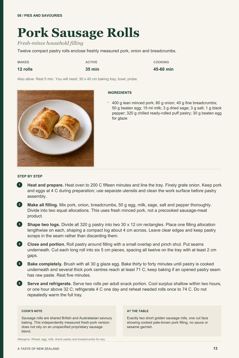 Actual PDF page 13 from A Taste of New Zealand: Pork Sausage Rolls recipe page.