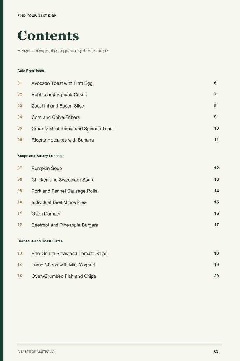 Actual PDF page 3 from A Taste of Australia: Contents, page 1.