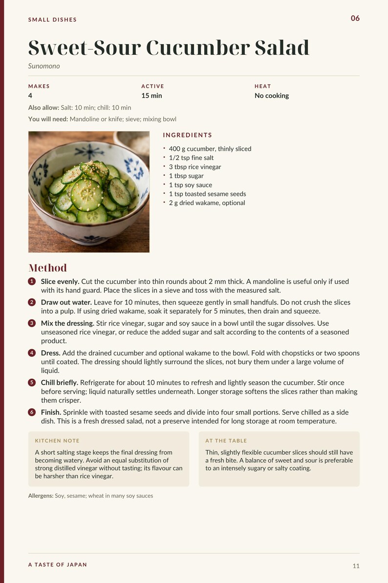 Actual PDF page 11 from A Taste of Japan: Sweet-Sour Cucumber Salad recipe page.