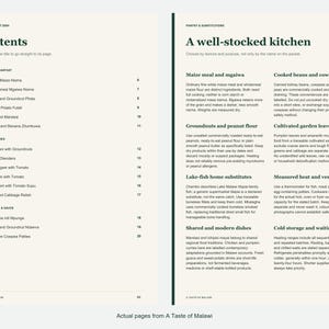 Actual contents and kitchen-notes pages from A Taste of Malawi.