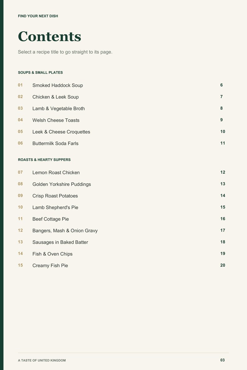 Actual PDF page 3 from A Taste of United Kingdom: Contents, page 1.