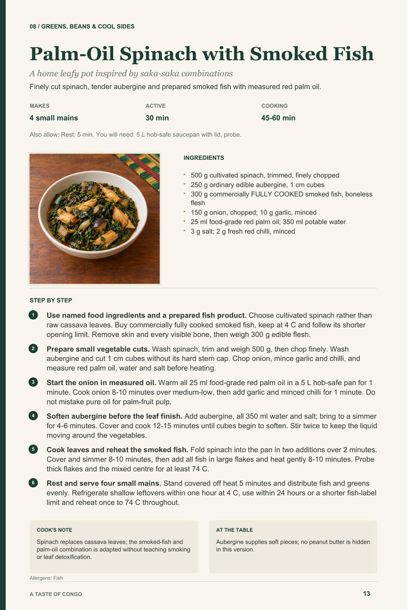 Actual PDF page 13 from A Taste of Congo: Palm-Oil Spinach with Smoked Fish recipe page.