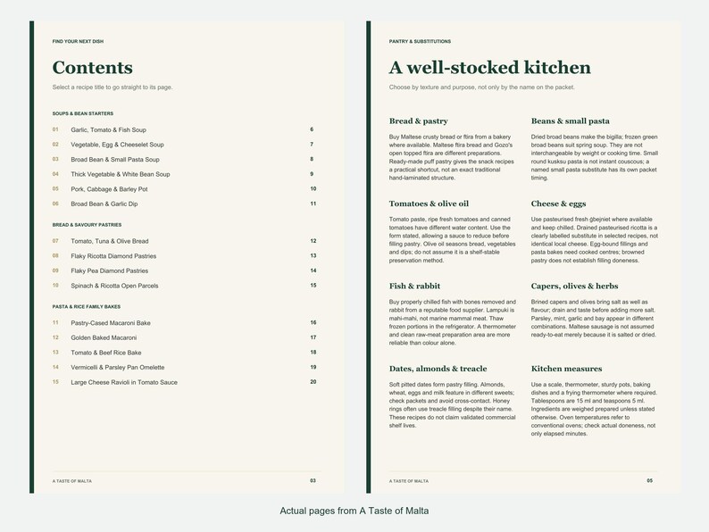 Actual contents and kitchen-notes pages from A Taste of Malta.