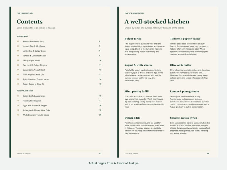 Actual contents and kitchen-notes pages from A Taste of Turkiye.