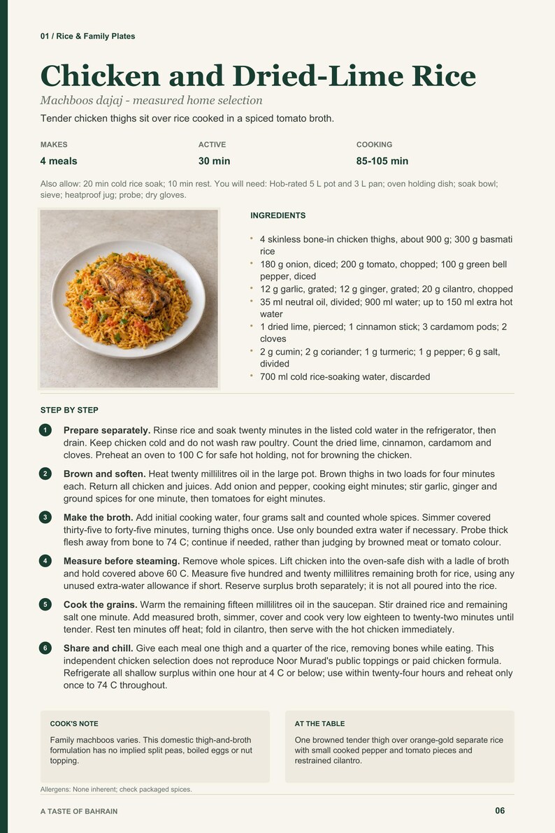 Actual PDF page 6 from A Taste of Bahrain: Chicken and Dried-Lime Rice recipe page.
