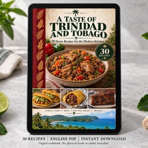 Digital cookbook mockup displaying the actual A Taste of Trinidad and Tobago cover. English PDF download only; no tablet or physical book included.