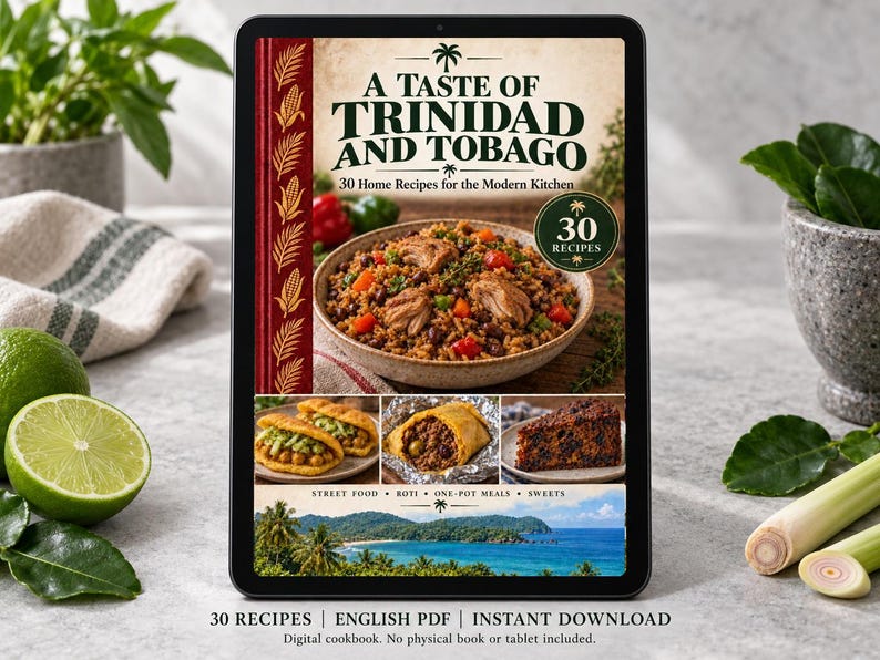 Digital cookbook mockup displaying the actual A Taste of Trinidad and Tobago cover. English PDF download only; no tablet or physical book included.
