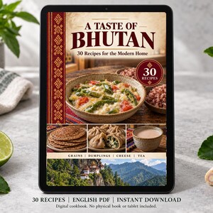 Digital cookbook mockup displaying the actual A Taste of Bhutan cover. English PDF download only; no tablet or physical book included.