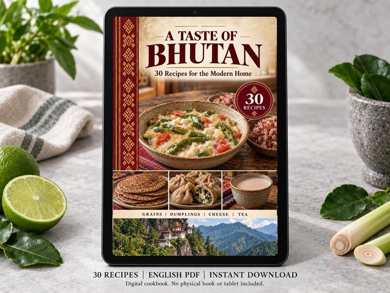 Digital cookbook mockup displaying the actual A Taste of Bhutan cover. English PDF download only; no tablet or physical book included.