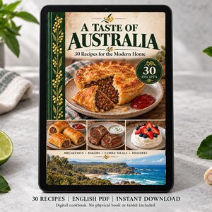 Digital cookbook mockup displaying the actual A Taste of Australia cover. English PDF download only; no tablet or physical book included.