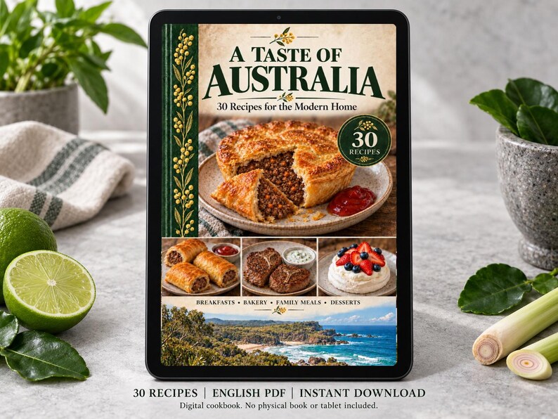 Digital cookbook mockup displaying the actual A Taste of Australia cover. English PDF download only; no tablet or physical book included.