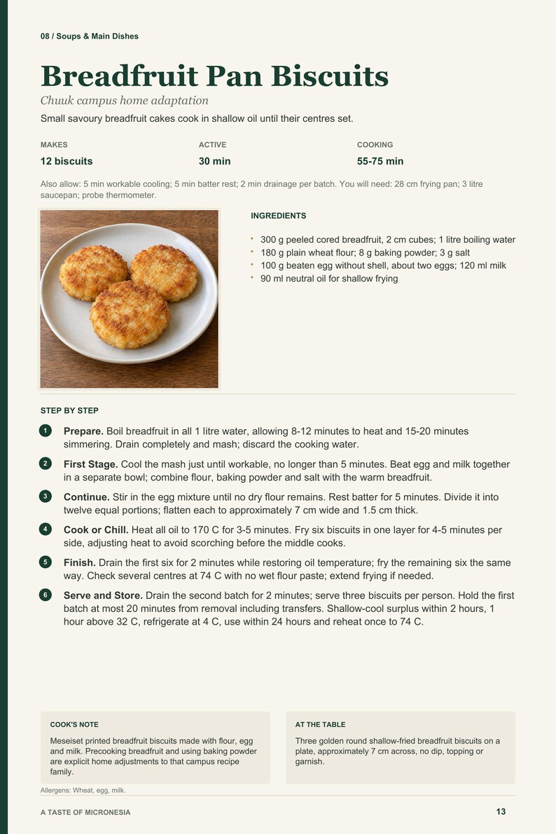 Actual PDF page 13 from A Taste of Micronesia: Breadfruit Pan Biscuits recipe page.