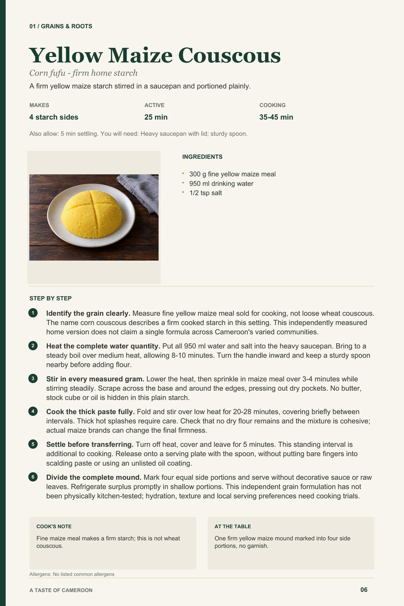 Actual PDF page 6 from A Taste of Cameroon: Yellow Maize Couscous recipe page.