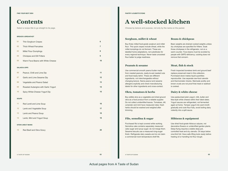 Actual contents and kitchen-notes pages from A Taste of Sudan.