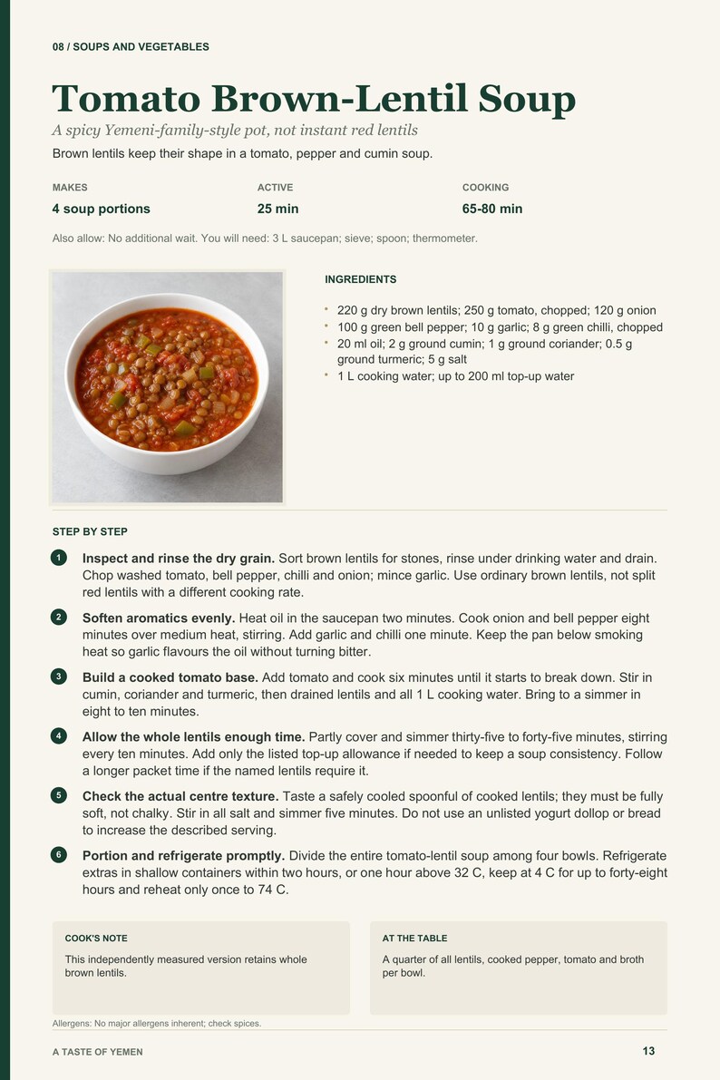 Actual PDF page 13 from A Taste of Yemen: Tomato Brown-Lentil Soup recipe page.