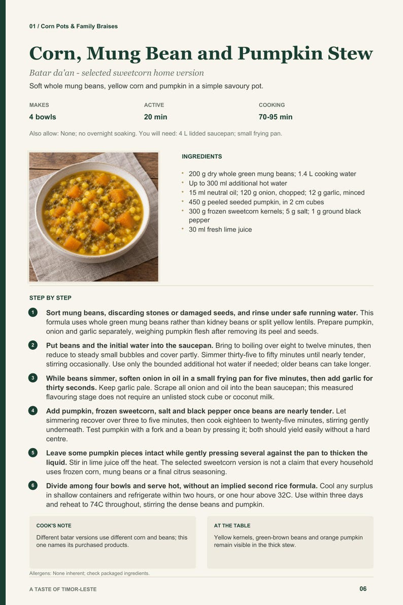 Actual PDF page 6 from A Taste of Timor-Leste: Corn, Mung Bean and Pumpkin Stew recipe page.