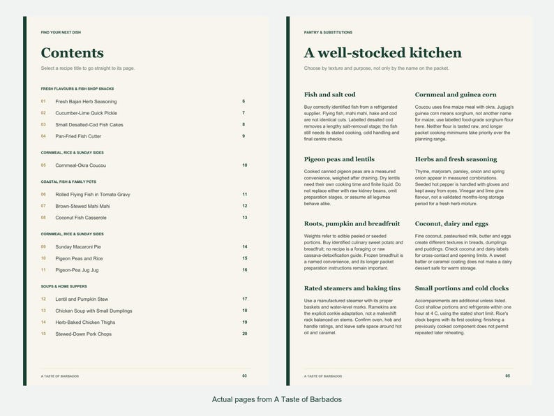 Actual contents and kitchen-notes pages from A Taste of Barbados.