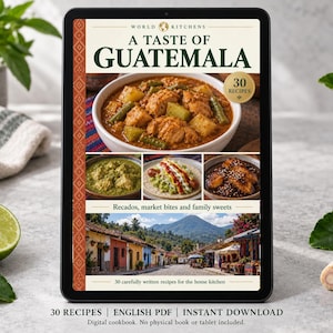 Digital cookbook mockup displaying the actual A Taste of Guatemala cover. English PDF download only; no tablet or physical book included.