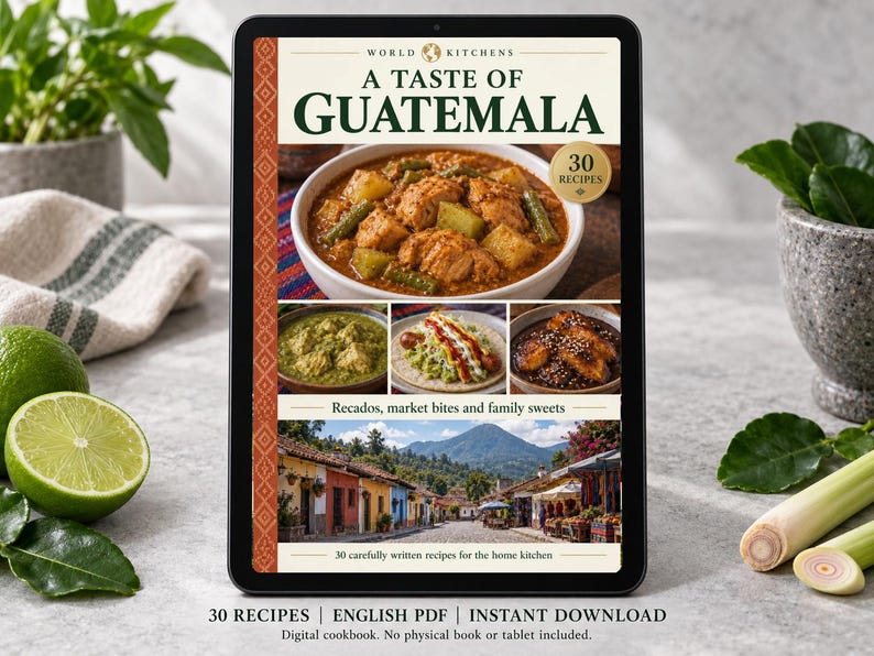 Digital cookbook mockup displaying the actual A Taste of Guatemala cover. English PDF download only; no tablet or physical book included.