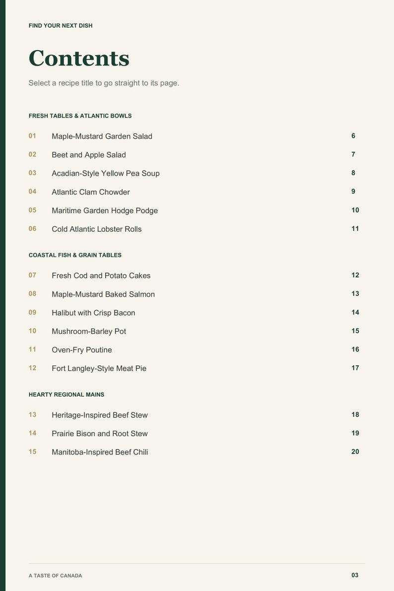 Actual PDF page 3 from A Taste of Canada: Contents, page 1.